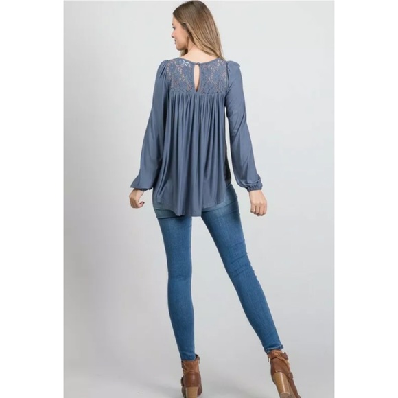 SOLD OUT Steel Blue Modal Long Sleeve Smocked Lace Tunic - Picture 5 of 6